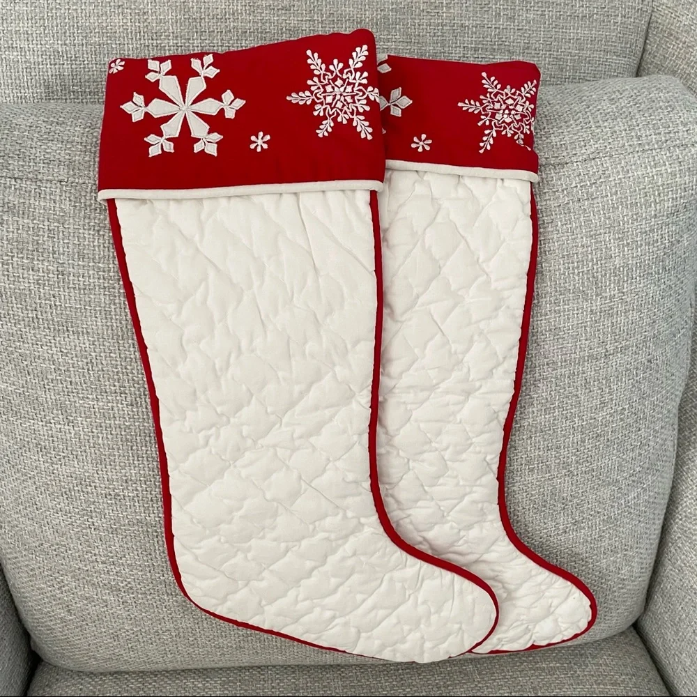 SET of 2 Vintage Quilted Snowflake Holiday Stockings